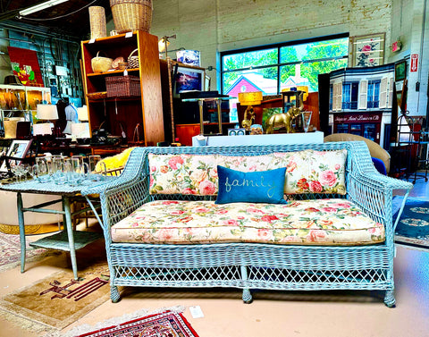 Furniture, Antique french blue wicker sofa with seat and back cushions.