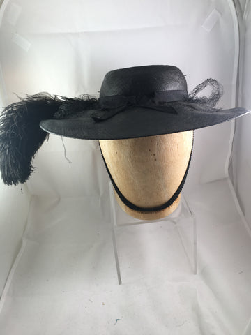 Hat Vintage Black with Feather and Veil