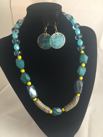 Necklace, African Trade Bead and Aqua Lucite