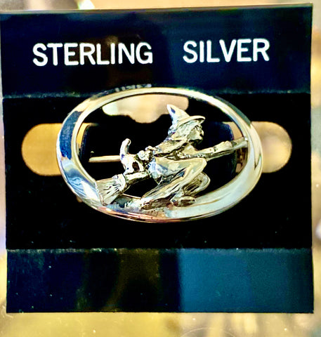 Sterling Silver brooch pin Witch on broomstick