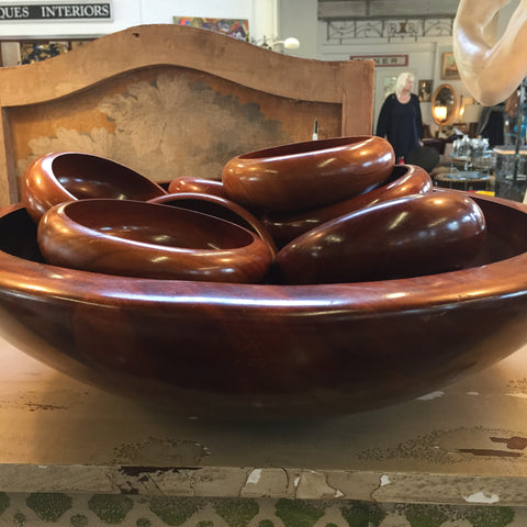 Large Wood Bowl with 12 matching Smaller Bowls SOLD