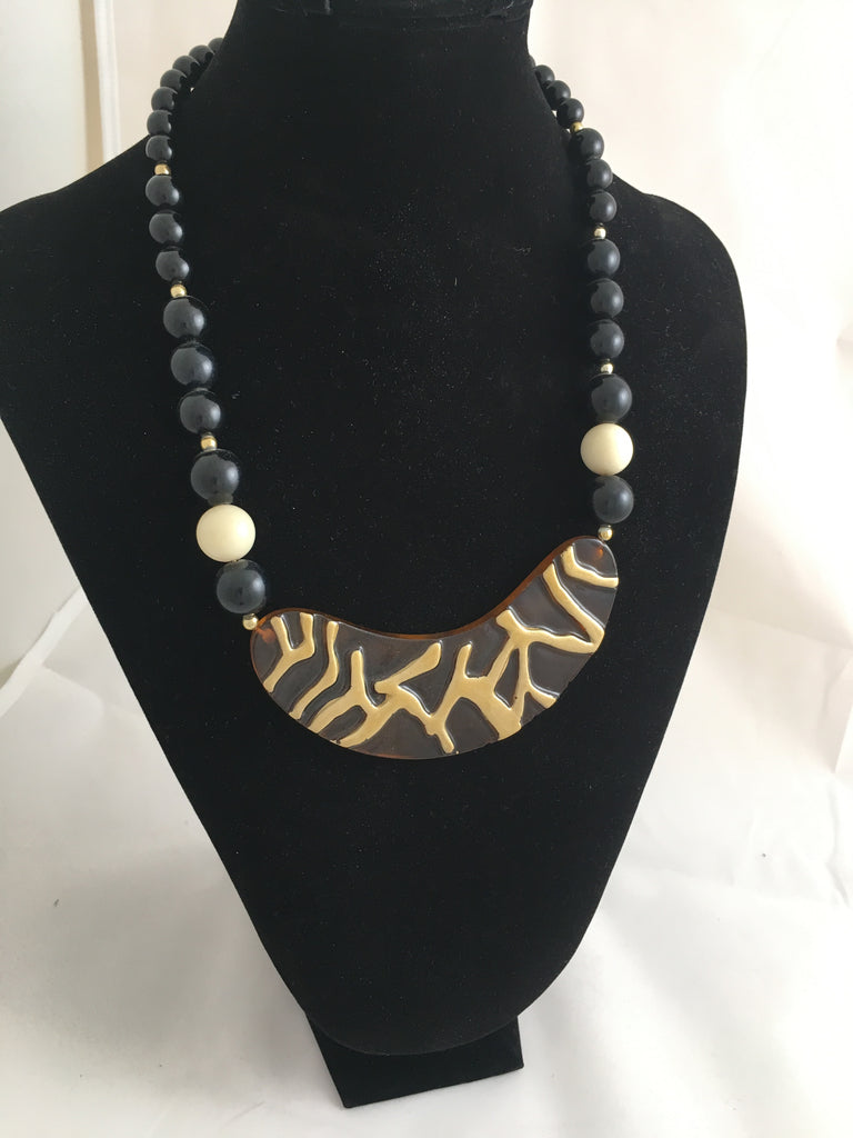 Necklace Lucite Black White and Golden Necklace